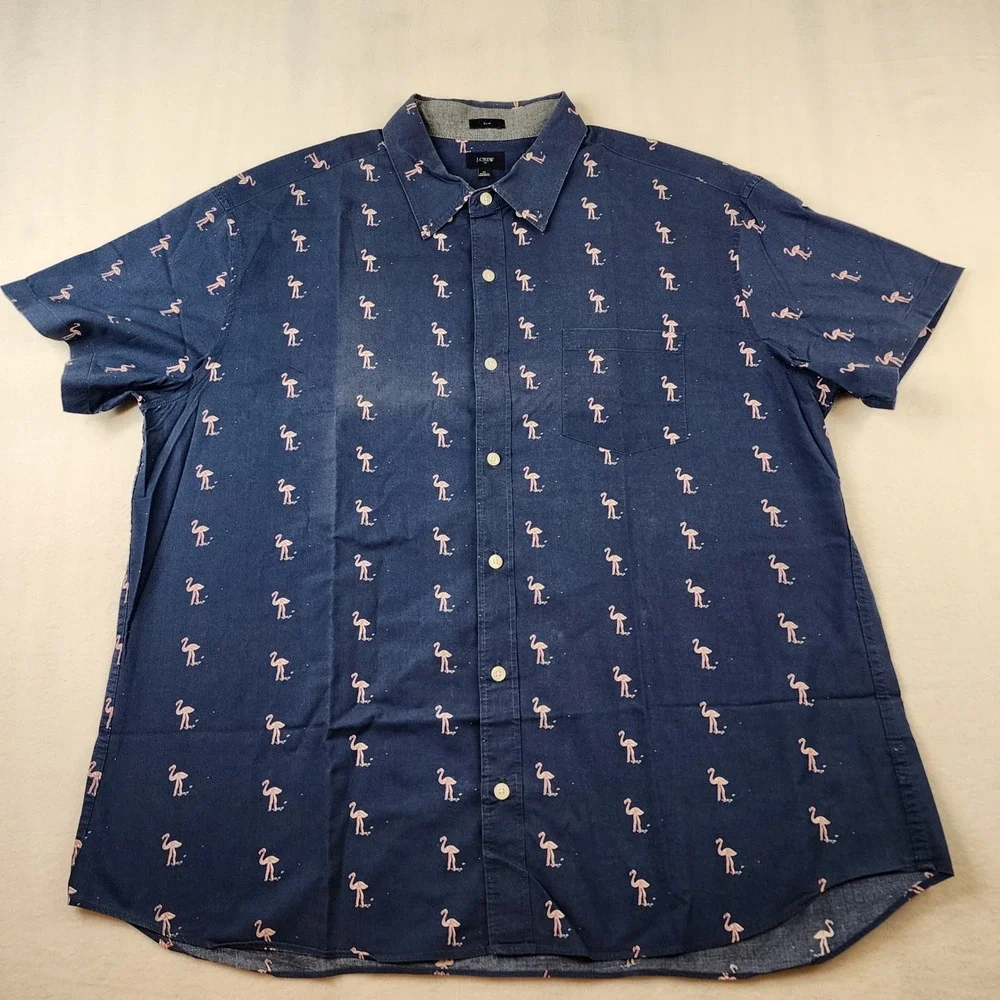 J.Crew Button Down Mens XL Navy Blue Flamingo Print Slim Fit Short Sleeve Shirt